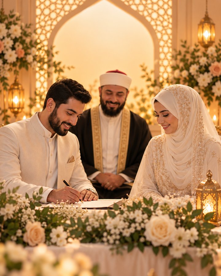 A Muslim bride and groom signing their marriage contract (nikah) with the officiant, surrounded by flowers