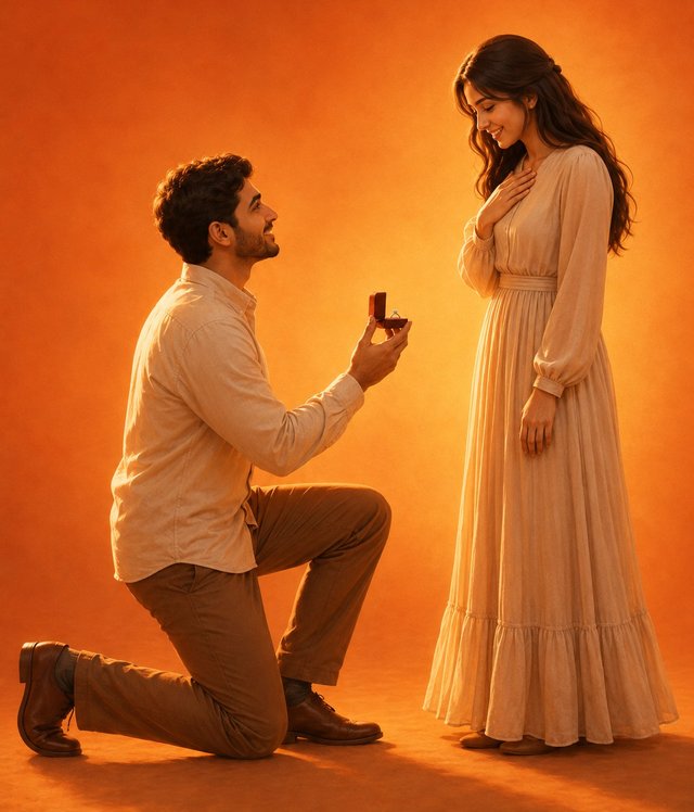 A man proposing to a woman without a hijab, offering a ring